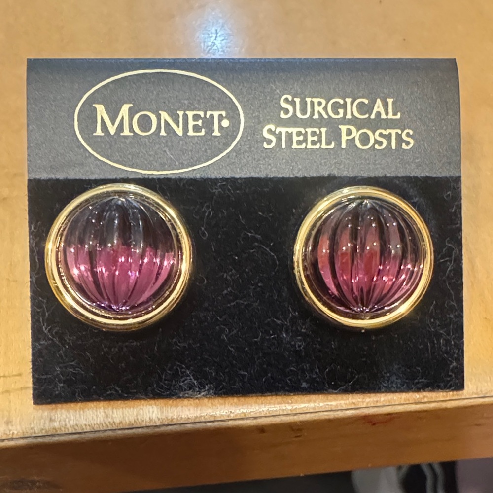 Monet Vintage Gold and Purple Cabachon Melon Button Earrings